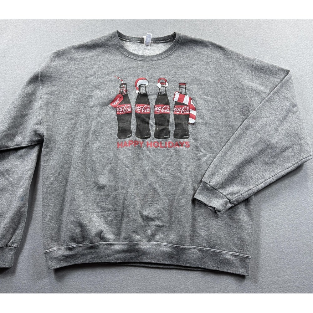 Jerzees Sweatshirt‎ Mens 2XL Gray Coca-Cola Happy Holidays Fleece Christmas